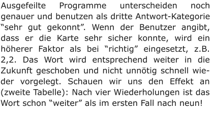 Ausgefeilte Programme unterscheiden noch genauer und benutzen als dritte Antwort-Kategorie  “sehr gut gekonnt”. Wenn der Benutzer angibt, dass er die Karte sehr sicher konnte, wird ein höherer Faktor als bei “richtig” eingesetzt, z.B. 2,2. Das Wort wird entsprechend weiter in die Zukunft geschoben und nicht unnötig schnell wieder vorgelegt. Schauen wir uns den Effekt an (zweite Tabelle): Nach vier Wiederholungen ist das Wort schon “weiter” als im ersten Fall nach neun!